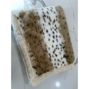 Restoration Hardware Baby Child Faux Fur Cable Knit Blanket‎ Cream Leopard Print